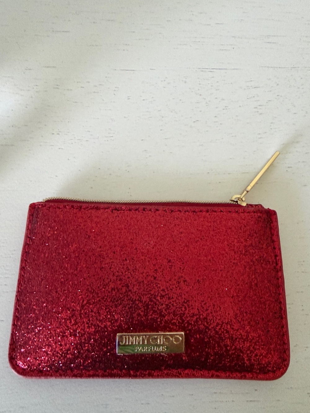 Jimmy Choo Red Glitter Card Pouch with Gold Zip